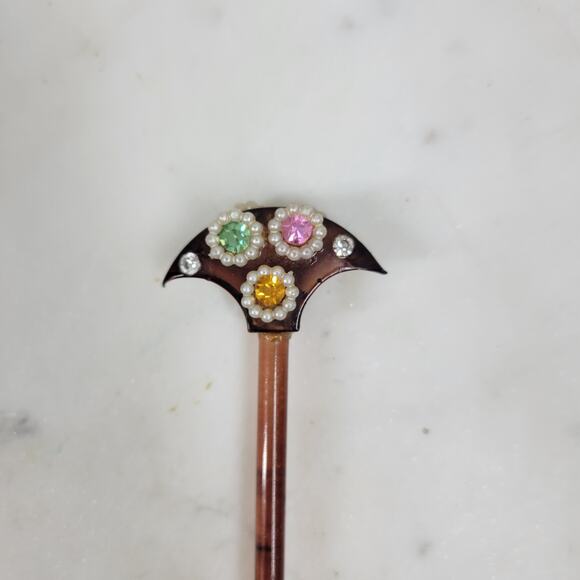 Vintage Bakelite Hair Stick 6" Brown Rhinestones Pearls - Picture 2 of 12